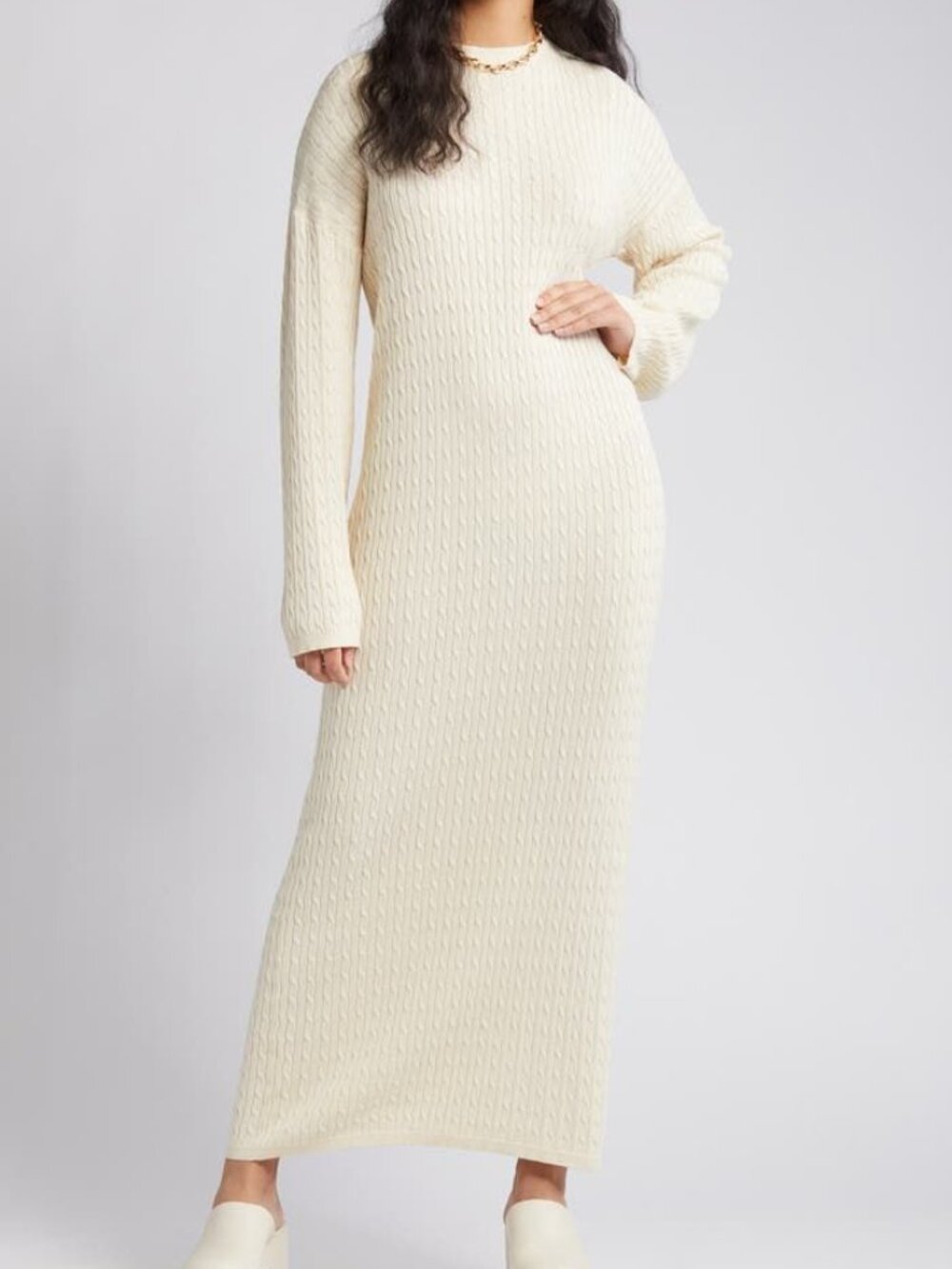 VERO MODA Monica Long Sleeve Ivory Cable Stitch Maxi Ankle Sweater Dress